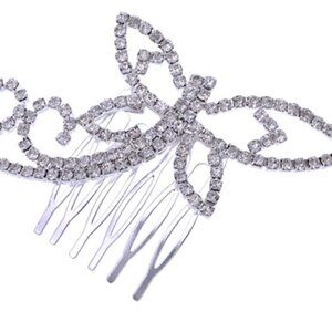 Womens Silver Tone Clear Rhinestones Bridal Dragonfly Head Piece Hair Comb Clip